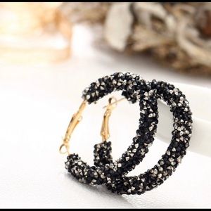 Black Crystal Rhinestone Beaded Hoop Earrings